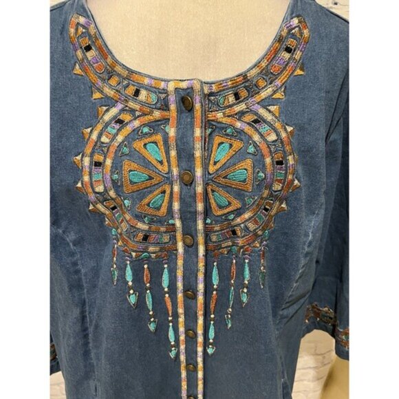 Bob Mackie Wearable Art Blue Embroidered Dream Catcher Button Up Jacket Plus  3X - Picture 2 of 8